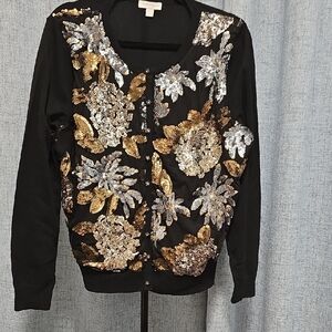 Charter Club Black Knit‎ Floral Sequined Cardigan Sweater With Flower Buttons Lg